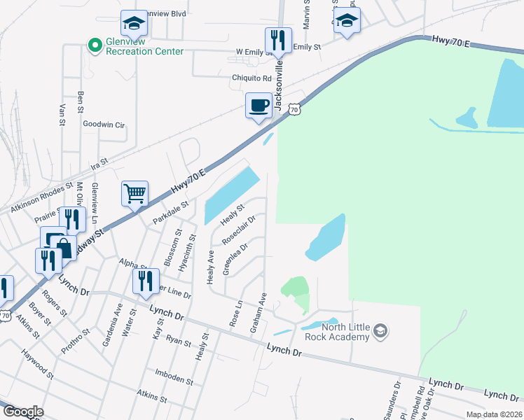 map of restaurants, bars, coffee shops, grocery stores, and more near 1031 Roseclair Drive in North Little Rock