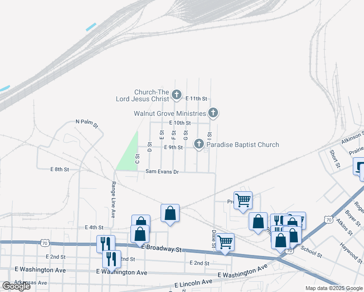 map of restaurants, bars, coffee shops, grocery stores, and more near 901 G Street in North Little Rock