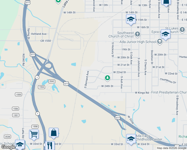 map of restaurants, bars, coffee shops, grocery stores, and more near 904 West 23rd Street in Ada