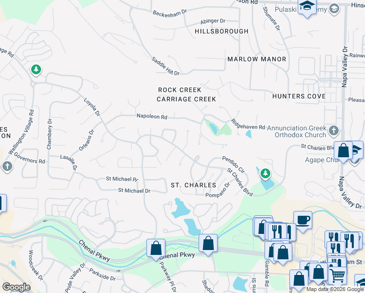 map of restaurants, bars, coffee shops, grocery stores, and more near 13706 Saint Charles Boulevard in Little Rock