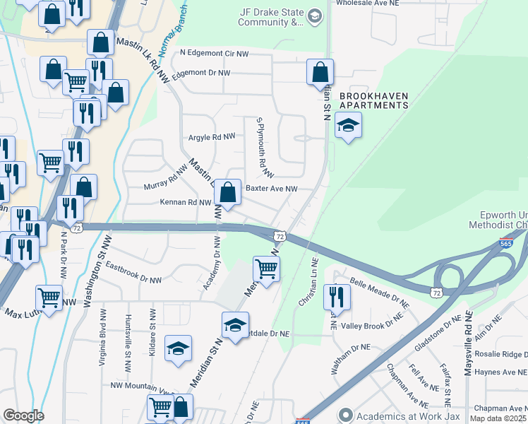 map of restaurants, bars, coffee shops, grocery stores, and more near 300 Mastin Lake Road Northeast in Huntsville