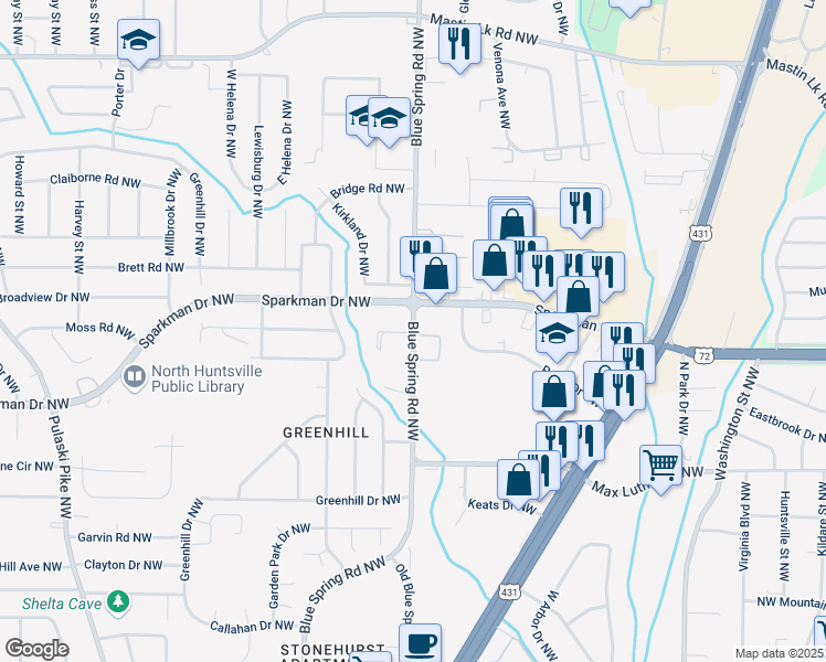 map of restaurants, bars, coffee shops, grocery stores, and more near 2600 Gamma Circle Northwest in Huntsville