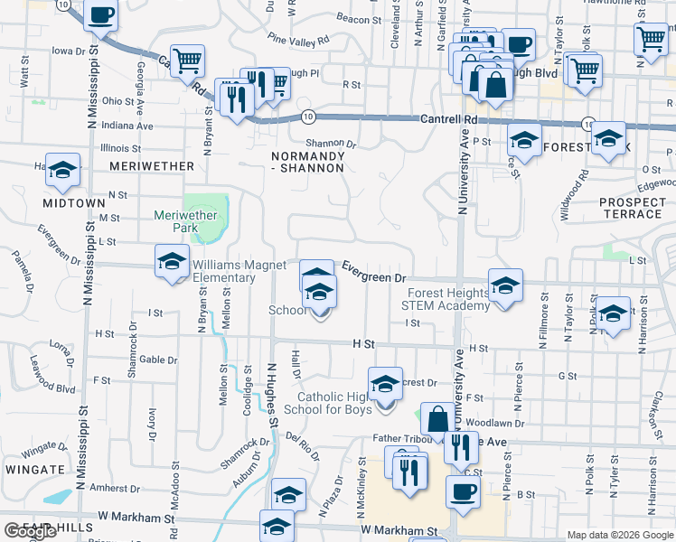 map of restaurants, bars, coffee shops, grocery stores, and more near 6515 Evergreen Drive in Little Rock