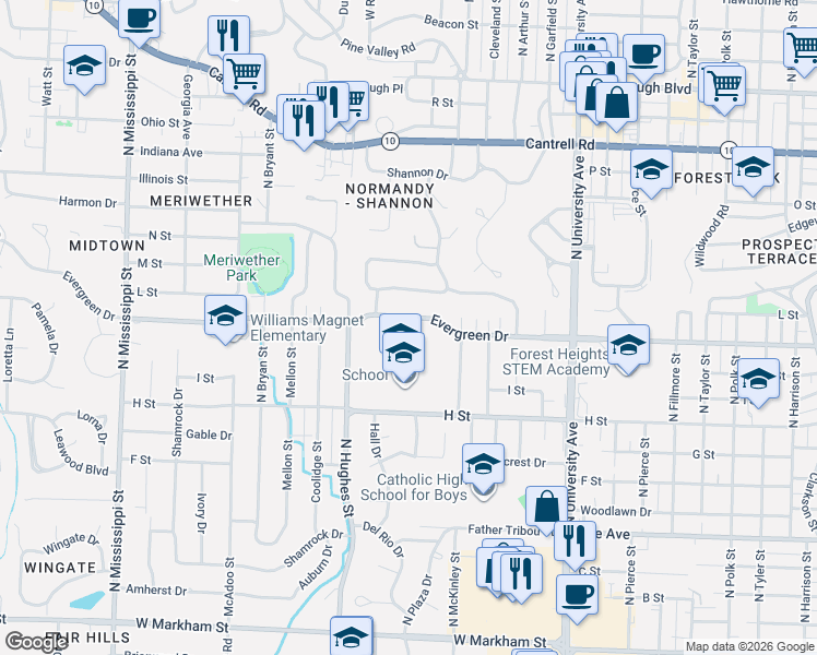 map of restaurants, bars, coffee shops, grocery stores, and more near 6701 Evergreen Drive in Little Rock