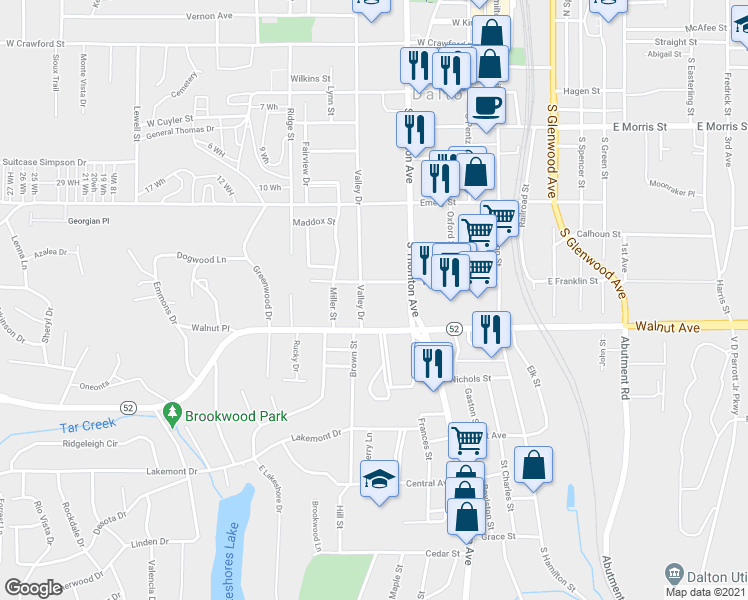 map of restaurants, bars, coffee shops, grocery stores, and more near 705 Valley Drive in Dalton