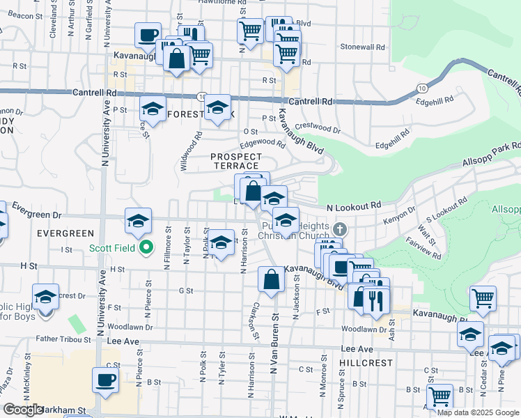 map of restaurants, bars, coffee shops, grocery stores, and more near 3608 Kavanaugh Boulevard in Little Rock