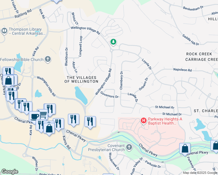 map of restaurants, bars, coffee shops, grocery stores, and more near 801 Parliament Street in Little Rock