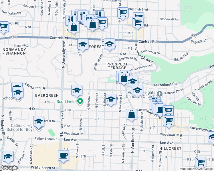map of restaurants, bars, coffee shops, grocery stores, and more near 1209 North Polk Street in Little Rock