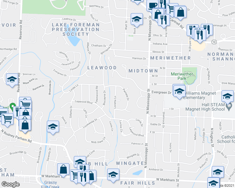 map of restaurants, bars, coffee shops, grocery stores, and more near 1115 Loretta Ln in Little Rock