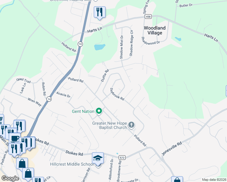 map of restaurants, bars, coffee shops, grocery stores, and more near 21 Saybrook Road in Simpsonville