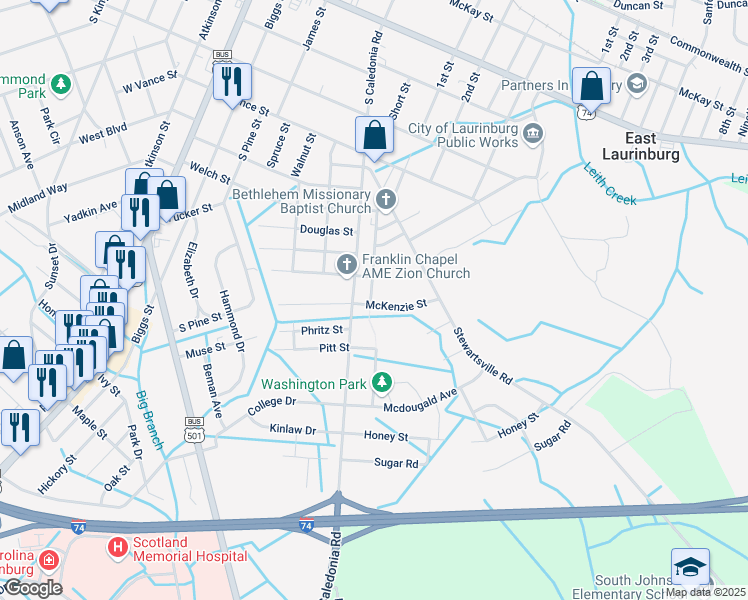 map of restaurants, bars, coffee shops, grocery stores, and more near 412 McKenzie Street in Laurinburg