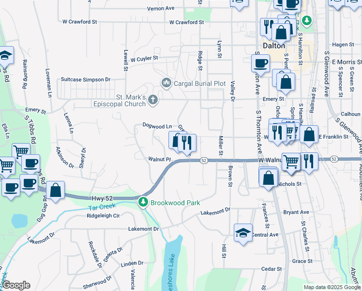 map of restaurants, bars, coffee shops, grocery stores, and more near 708 Greenwood Drive in Dalton