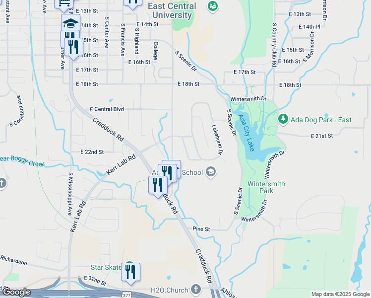 map of restaurants, bars, coffee shops, grocery stores, and more near 1309 Mocking Bird Lane in Ada