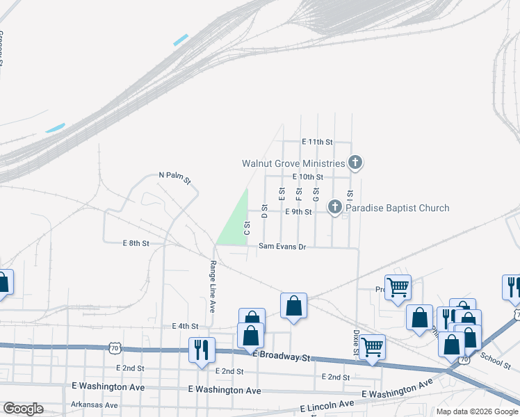 map of restaurants, bars, coffee shops, grocery stores, and more near 901 D Street in North Little Rock