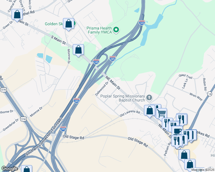 map of restaurants, bars, coffee shops, grocery stores, and more near 103 Dalewood Drive in Simpsonville