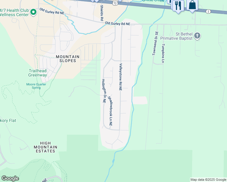 map of restaurants, bars, coffee shops, grocery stores, and more near 104 Cedar Chase Circle in Huntsville