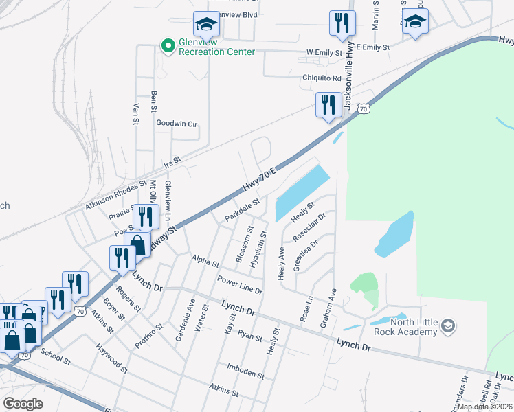 map of restaurants, bars, coffee shops, grocery stores, and more near 408 Parkdale Street in North Little Rock