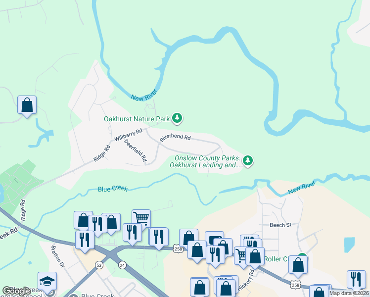 map of restaurants, bars, coffee shops, grocery stores, and more near 207 Crooked Creek Road in Jacksonville
