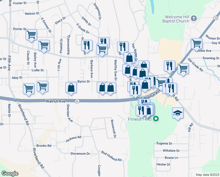 map of restaurants, bars, coffee shops, grocery stores, and more near 505 Whitener Drive in Dalton