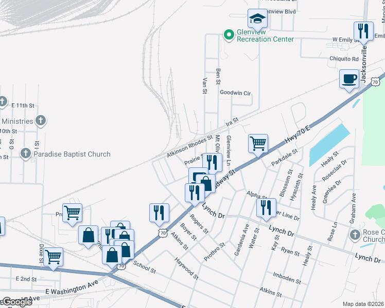 map of restaurants, bars, coffee shops, grocery stores, and more near 304 Plain St in North Little Rock
