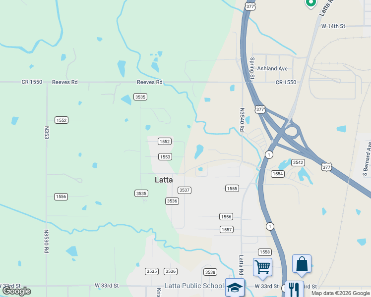 map of restaurants, bars, coffee shops, grocery stores, and more near 15320 County Road 3537 in Ada