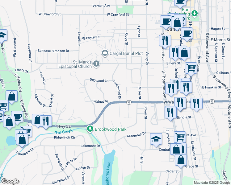 map of restaurants, bars, coffee shops, grocery stores, and more near 708 Greenwood Drive in Dalton