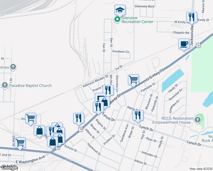 map of restaurants, bars, coffee shops, grocery stores, and more near 212 Mosley Street in North Little Rock