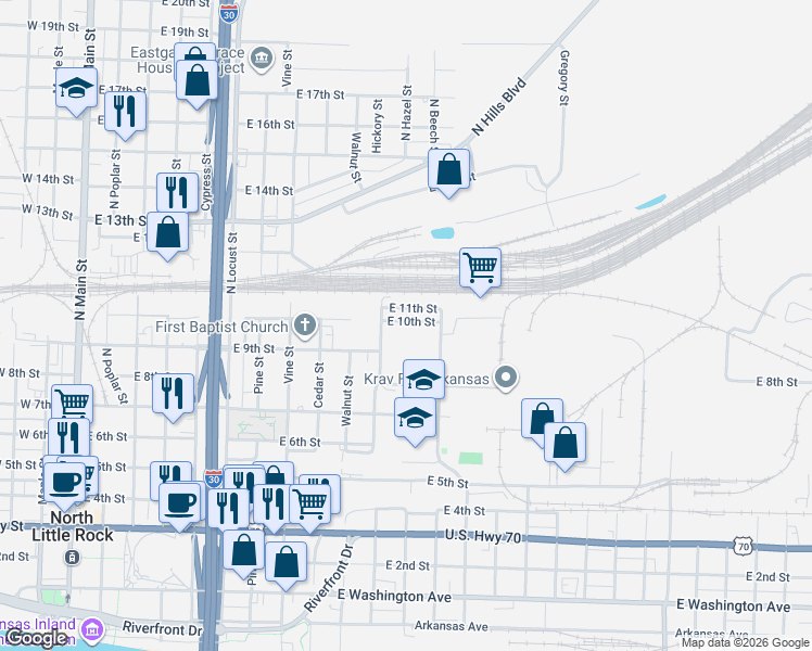 map of restaurants, bars, coffee shops, grocery stores, and more near 180 East 10th Street in North Little Rock