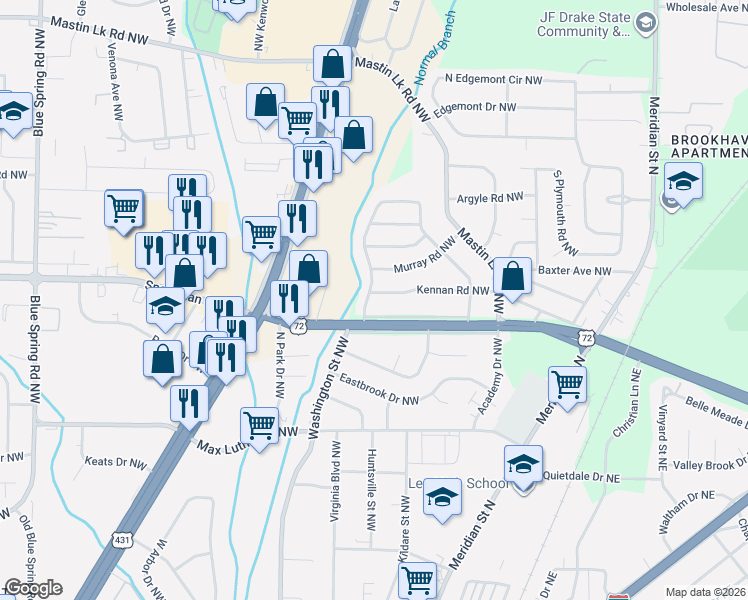 map of restaurants, bars, coffee shops, grocery stores, and more near 635 Kennan Road Northwest in Huntsville