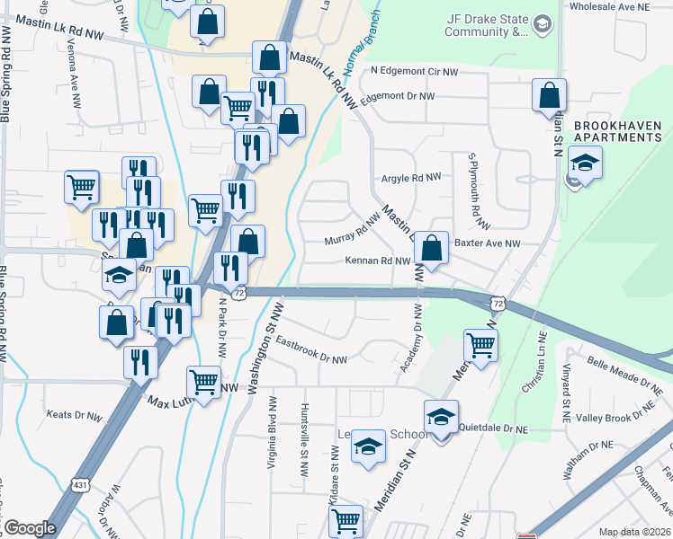 map of restaurants, bars, coffee shops, grocery stores, and more near 623 Kennan Road Northwest in Huntsville
