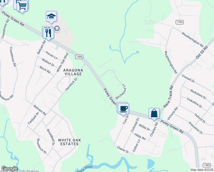 map of restaurants, bars, coffee shops, grocery stores, and more near 1271 Piney Green Road in Jacksonville