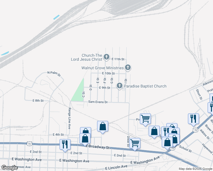 map of restaurants, bars, coffee shops, grocery stores, and more near 901 G Street in North Little Rock