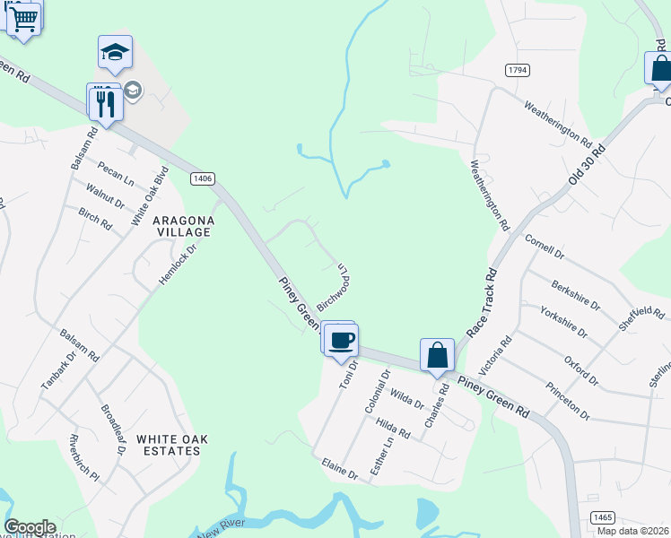 map of restaurants, bars, coffee shops, grocery stores, and more near 1016 Birchwood Lane in Jacksonville