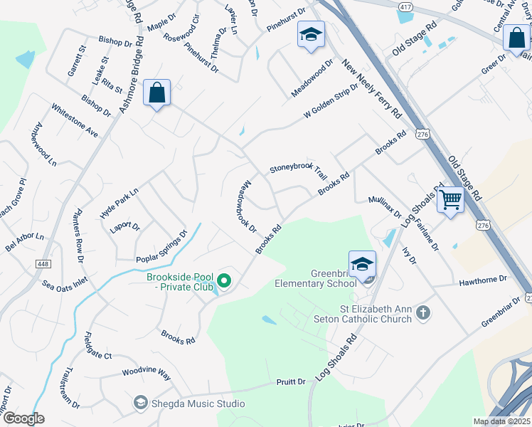 map of restaurants, bars, coffee shops, grocery stores, and more near 108 Whisperingbrook Drive in Mauldin