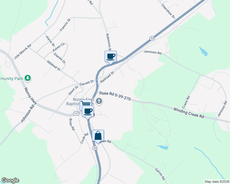 map of restaurants, bars, coffee shops, grocery stores, and more near 145 Winding Creek Road in Liberty