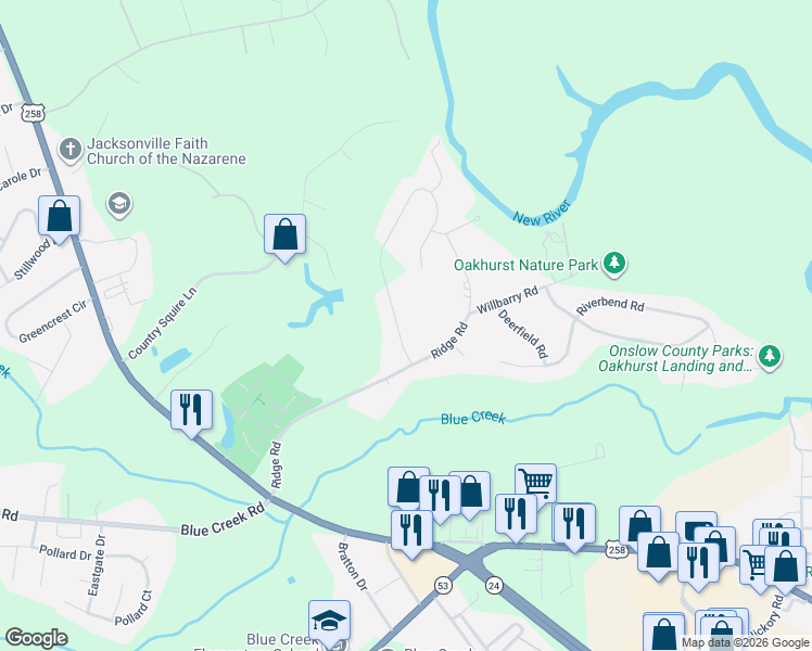 map of restaurants, bars, coffee shops, grocery stores, and more near 435 Candlewood Drive in Jacksonville