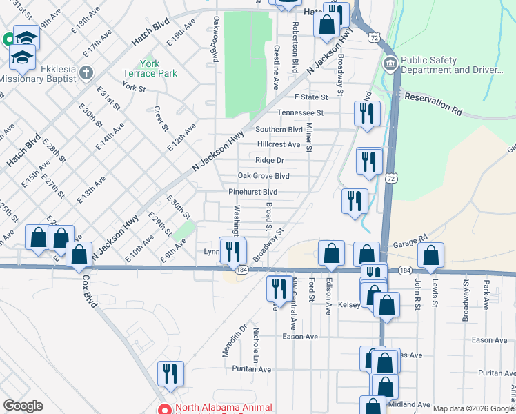 map of restaurants, bars, coffee shops, grocery stores, and more near Sheffield Drive in Sheffield