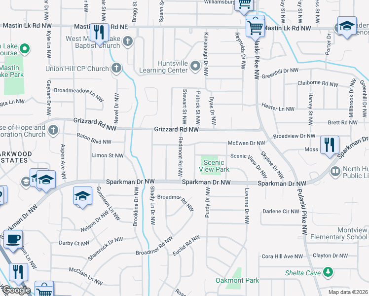 map of restaurants, bars, coffee shops, grocery stores, and more near 2419 Redmont Road Northwest in Huntsville