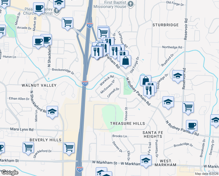 map of restaurants, bars, coffee shops, grocery stores, and more near 10 Connell Drive in Little Rock