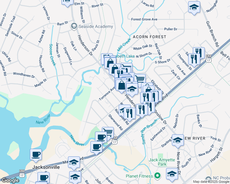 map of restaurants, bars, coffee shops, grocery stores, and more near 215 Richlands Avenue in Jacksonville