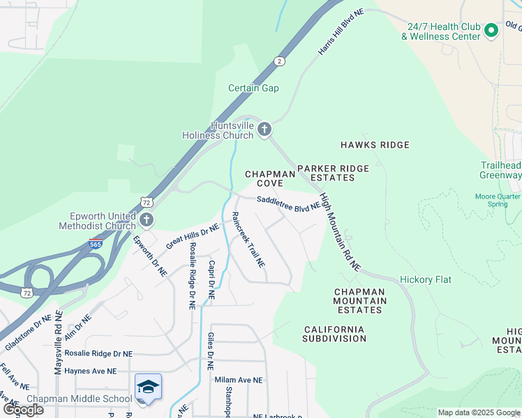 map of restaurants, bars, coffee shops, grocery stores, and more near 2128 Greenslope Trail Northeast in Huntsville