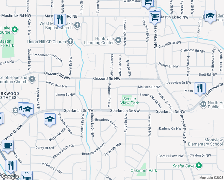 map of restaurants, bars, coffee shops, grocery stores, and more near 2419 Redmont Road Northwest in Huntsville
