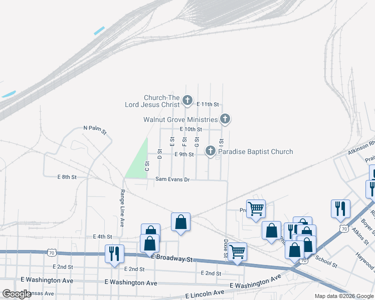 map of restaurants, bars, coffee shops, grocery stores, and more near 901 G Street in North Little Rock