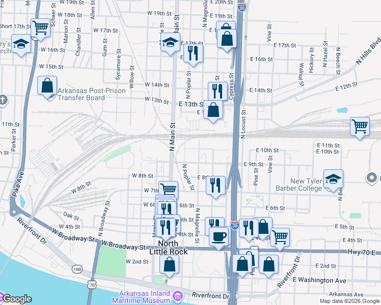 map of restaurants, bars, coffee shops, grocery stores, and more near 910 North Poplar Street in North Little Rock