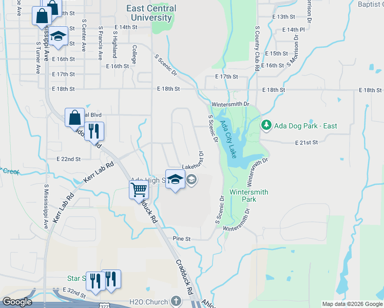 map of restaurants, bars, coffee shops, grocery stores, and more near 1316 Lakehurst Drive in Ada