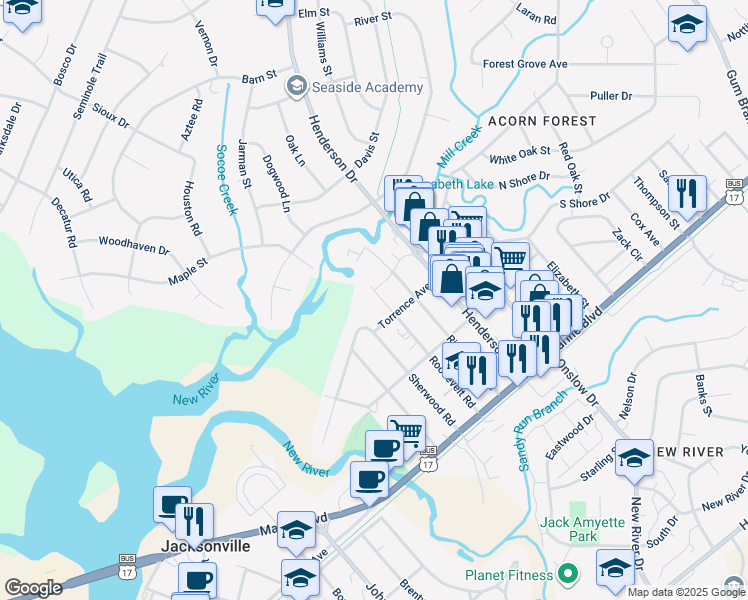 map of restaurants, bars, coffee shops, grocery stores, and more near 307 Roosevelt Road in Jacksonville