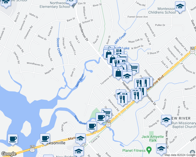 map of restaurants, bars, coffee shops, grocery stores, and more near 307 Roosevelt Road in Jacksonville