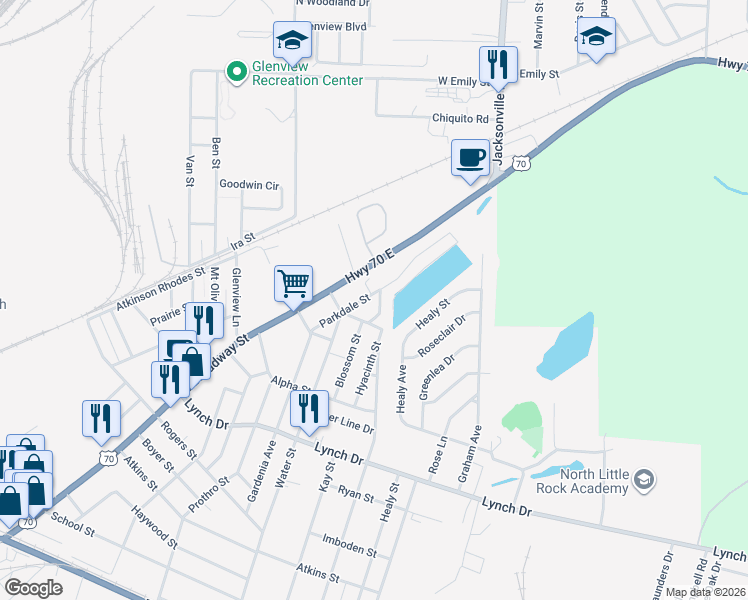 map of restaurants, bars, coffee shops, grocery stores, and more near 408 Parkdale Street in North Little Rock