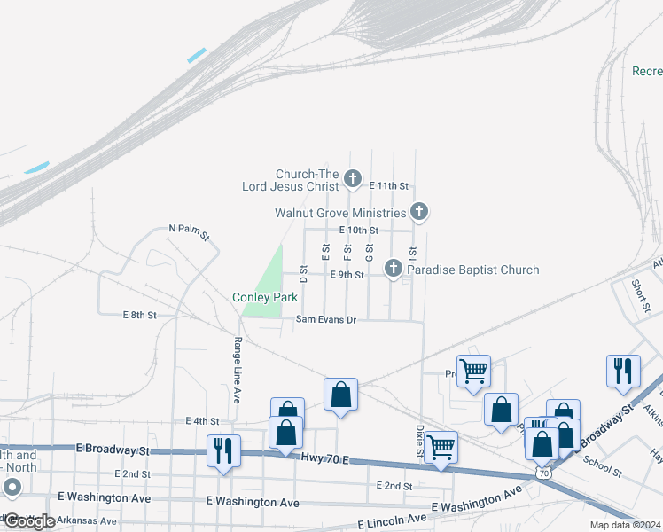 map of restaurants, bars, coffee shops, grocery stores, and more near 902 E Street in North Little Rock