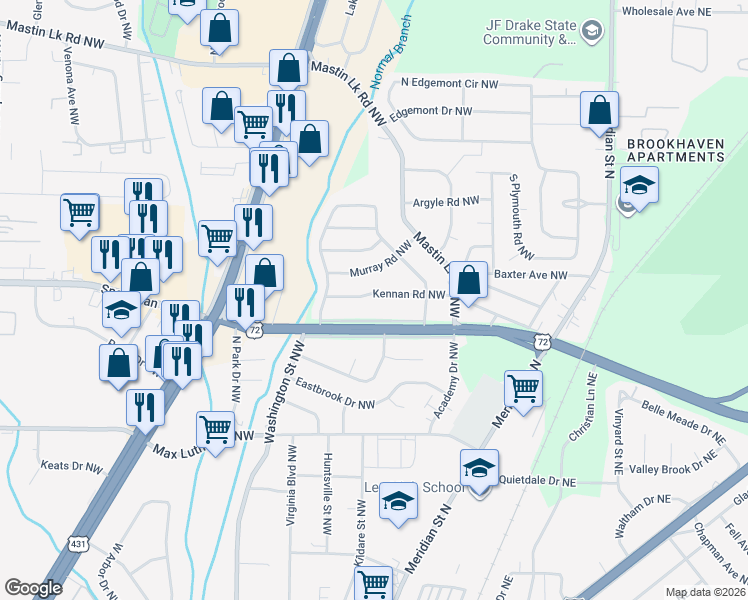 map of restaurants, bars, coffee shops, grocery stores, and more near 623 Kennan Road Northwest in Huntsville